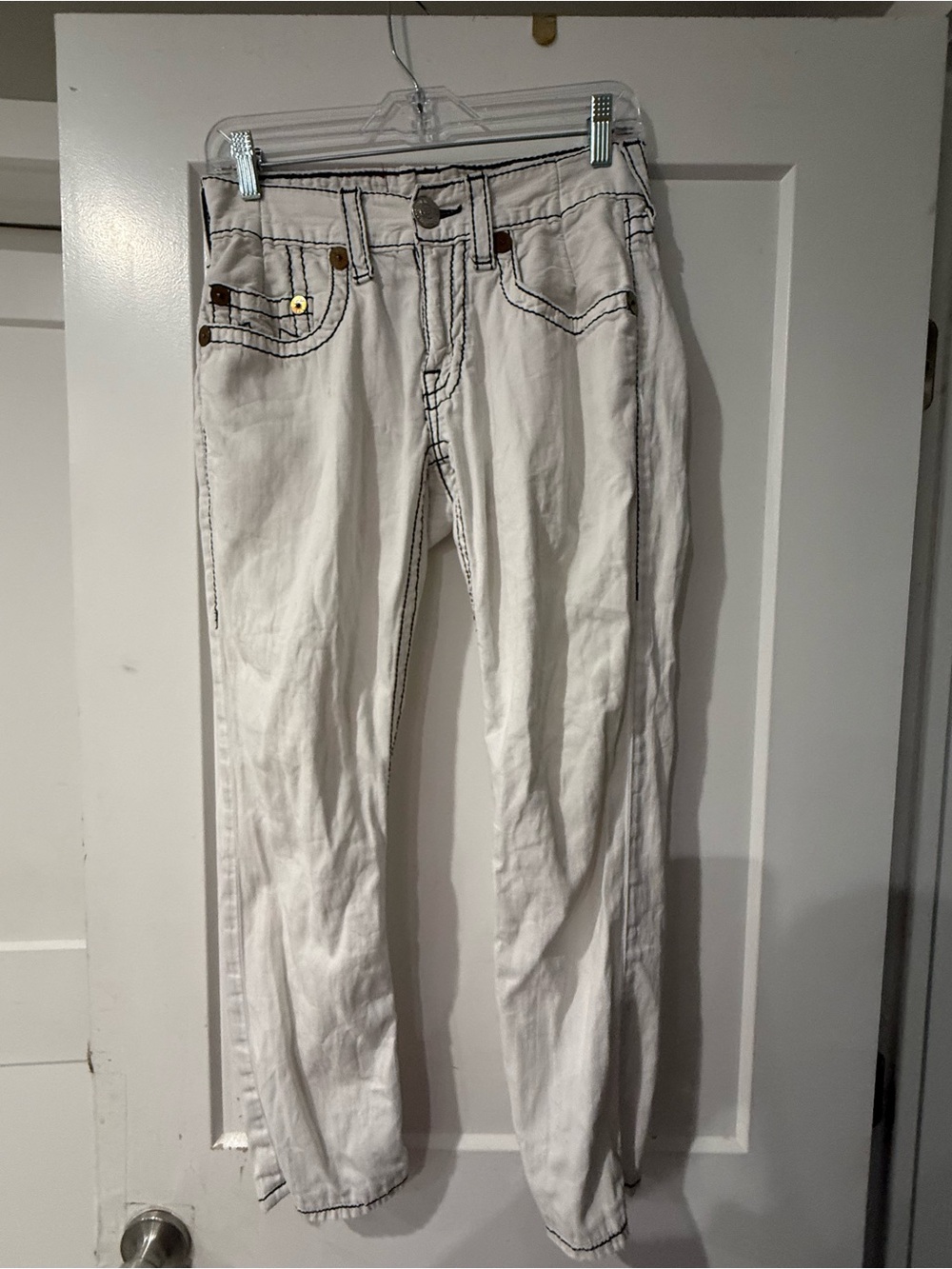 True Religion White Straight Men's Jeans with Dark Contrast Stitching